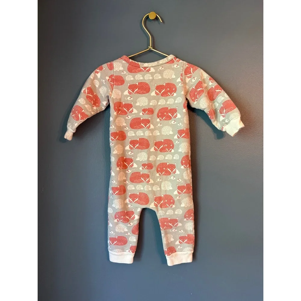 Winter Water Factory Fox Hedgehog Organic Cotton Romper 6M Gray Red Snap Up